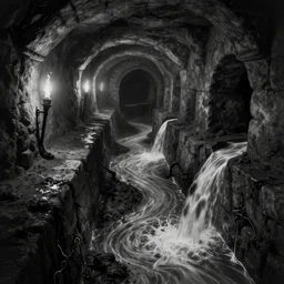 flowing water inside the ancient flooded stone sewers. fantasy art, underground, wet, canal, muck, mud, running water, stream, musty, sewage, darkness, underground, catacombs, abandoned spaces, torchlight. digital illustration from the earthdawn campaign setting. black and white. myth drannor. parlainth.
