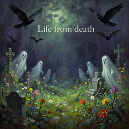 'Life from death' An aesthetic horror dark sci-fi landscape painting depicting 'A graveyard with plants and flowers growing, ghosts + bats and crows  flying around' by Wayne Barlowe, Trending on cgsociety artstation, 8k, masterpiece, cinematic lighting, highly detailed, vibrant colors.