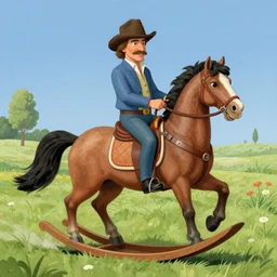 bob ross riding a rocking horse on acid