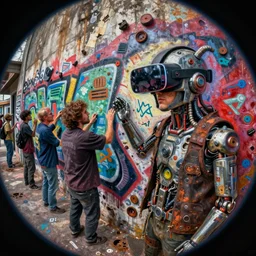 junky men draw graffiti on wall, cybertronic gadgets and vr helmet, durty colours, micro technology, rotten textures, rusty shapes, biotechnology, tim hildebrandt, wayne barlow, bruce pennington, donato giancola, larry elmore, oil on canvas, fisheye objective, close - up, masterpiece, trending on artstation, featured on pixiv, cinematic composition, hyper - detailed, hd, hdr, 4 k, 8 k