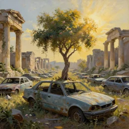 a tree growing on a scrap car in ancient greek ruins, gray wasteland, many overgrown scrap cars, overgrown pillars and arches, vines, flowers, hyperrealistic, highly detailed, cinematic, ray of golden sunlight, beautiful, cgsociety, artstation, 8 k, oil painting by greg rutkowski, by artgerm, by wlop