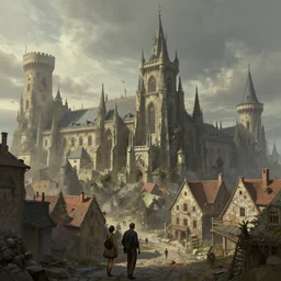 people at the town, old gothic architecture, big medieval town, tall towers, art by wadim kashin, cgsociety, artstationhq, concept art, fantasy, dystopian art