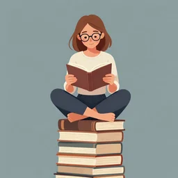 a woman with light brown hair and glasses sits cross legged on top of a tall pile of books. she is reading. clean pretty cartoon painting, beautiful detailed face.