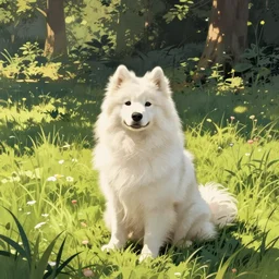 a samoyed dog sitting in the middle of sunny meadow, by Sal Buscema