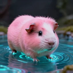 real life pink hairless guinea pig emerging from bioluminescent water by michael garmash and katsuhiro otomo, rule of thirds, animal photography beautiful