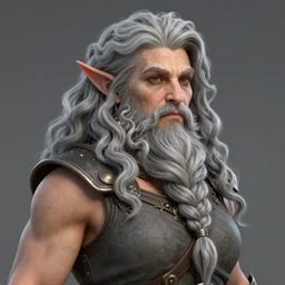 tripticg of elderly female feminine bearded dwarven heavyset fighter with curly long grey hairstyle, her full beard is long and plaited style, she has wrinkled skin and is wearing full black platemail armor with intricate slight gold trim by rossdraws, triptych format