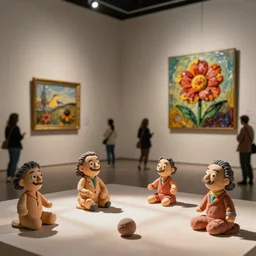 plasticine sculpture. stop motion. john craxton. salvador dali clay models. gallery. painting of flower. room with small hole in wall. visitors. photorealistic.