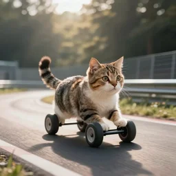 a cute cat with wheels instead of legs driving on a racetrack