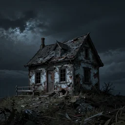 A singular rotting cottage on a mountaintop at night, horror painting, by Bastien LeCouffe-Deharme, hyperrealistic, Blender 8k UHD