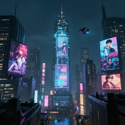 a cyberpunk City with billboards, Hologramm and signs in a rainy night, Skyline view from a rooftop, flying scifi vehicle, volumetric lighting, epic composition, rule of thirds, the fifth Element, tekkon kinkreet, akira, rendered by Beeple, Makoto Shinkai, syd meade, environment concept, digital art, star wars, raphael lacoste, eddie mendoza, alex ross, concept art, cinematic lighting, , unreal engine, 3 point perspective, WLOP, trending on artstation, 4K UHD image, octane render