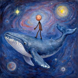 a stickman figure, riding a whale, among the universe, drawn by claude monet