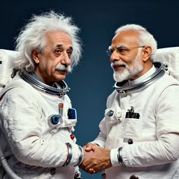 head and shoulders masterpiece portrait of Albert Einstein and Narendra Modi in spacesuits shaking hands, surreal background, digital art by Krenz Cushart, trending on artstation, cgsociety,
