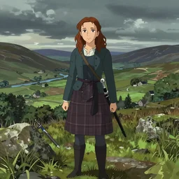 claire fraser from outlander, scottish highlands landscape, ambient lighting, 4k, anime key visual, lois van baarle, ilya kuvshinov, rossdraws, artstation