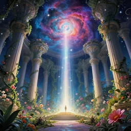 beautiful highly detailed digital illustration of a celestial palatial garden with pillars of light towering above. by Andreas Rocha, colorful nebula in the night sky, stars, flowers and vines and creepers, establishing shot, cinematic, architecture, artstation HQ, HD, 8k resolution, featured in art magazine