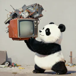 greg manchess painting of a trash panda character, in a skip holding aloft an old tv with lots of other scrap metal, medium shot, asymmetrical, profile picture, organic painting, sunny day, matte painting, bold shapes, hard edges, street art, trending on artstation, by huang guangjian and gil elvgren and sachin teng