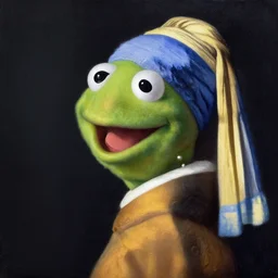 kermit with a pearl earring, incredibly detailed, hyperrealistic, stylistic, painting