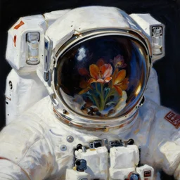 a close up painting of an astronaut floating in space. his helmet visor is dark and reflective. you can see the reflection of flowers in his helmet visor. by artgerm and greg rutkowski and alphonse mucha
