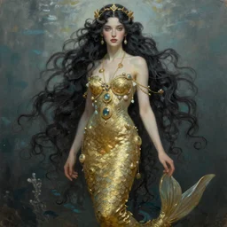 a beautiful dark androgynous mermaid, pinup pose, long hair, tall and thin, wearing dozens of pendants and a gown of gold, small delicate crown of the sea on her head, illustration, dramatic lighting, soft details, painting oil on canvas, (art nouveau), octane render, HDR, 4k, 8k, HD, by Brom, Charlie Bowater, faces by otto schmidt