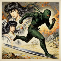 ninja running on thin blade, monumental painting by gerrit van honthorst and hajime sorayama and william blake, illusion surreal art, highly conceptual figurative art, intricate detailed oil illustration, controversial poster art, polish poster art 1 9 8 0
