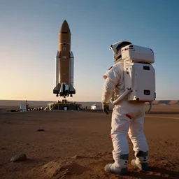 Detailed photo of an astronaut seen from behind, he is standing on top of mount Venus on Mars, he is watching the Starship Super Heavy landing at the background, the Starship is landing at the base on the first martian colony, the sunset has just come with the characteristic cold color tone from Mars