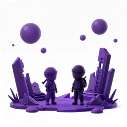 two small ninja silhouettes standing in the ruins of crux prime, purple fiery maelstrom in the distance, digital art, artstationhq