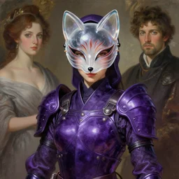 female ninja assassin in amethyst japanese body armor wearing a translucent fox mask made of glass trending on artstation, intricate, elegant, highly detailed, digital painting, artstation, concept art, smooth, sharp focus, illustration, art by artgerm and greg rutkowski and alphonse mucha, art by anders zorn, wonderful masterpiece by greg rutkowski, beautiful cinematic light, american romanticism by greg manchess, jessica rossier and norman rockwell