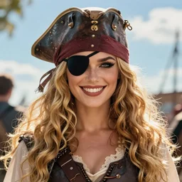 Joshua Middleton comic art, pretty female Phoebe Tonkin, pirate, black eye patch over left eye, evil smile, symmetrical face, symmetrical eyes, pirate clothing, long wavy blonde hair, full body:: sunny weather::