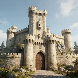 a stylized medieval castle with towers, gate, and rockwalls. highly detailed, unreal engine. daylight. trending on artstation.