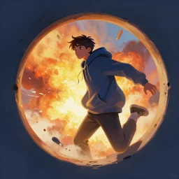 through a peephole young man stepping out of an explosion, digital painting, concept art, hoodie, smooth, sharp focus, bright colors, illustration, artwork by hethe srodawa