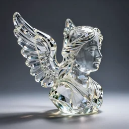 a transparent crystal glass statue of a head with wings on her back, studio photography, in focus