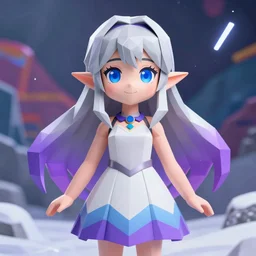 Render of a very beautiful 3d anime girl, elf girl, full body, long silver hair purple tips, azure blue eyes, full round face, low poly backgrouns with vibrant colors, short smile, cute dress, in snow, medium shot, mid-shot, cinematic lightning, high detail, artstation