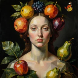 a close - up portrait of a futuristic geometric tropical woman with colorful airborne fruit and butterflies. studio lighting. black background. highly detailed science - fiction painting by norman rockwell, moebius, frank frazetta, syd mead, and giuseppe arcimboldo. rich colors, high contrast. renaissance masterpiece. artstation