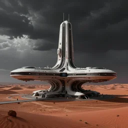 futuristic space station in the red desert 3 d concept art, cinematic lighting, bladerunner scene, intricate details, building by zaha hadid, stormy weather, emissary space by arthur haas and bruce pennington and john schoenherr, cinematic matte painting, dark moody monochrome colors, trending on artstation, featured on behance