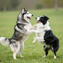 husky and border colie dancing with each other