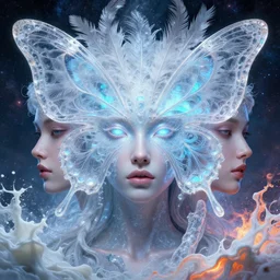 3 d goddess butterfly face portrait, face in the center, bioluminescent, beautiful transculent intricate highly detailed quetzalcoatl feathers. ice, galaxy, plasma, lava, milk, artwork by tooth wu and greg rutkowski and wlop and beeple, 8 k trending on artstation, volumetric lighting