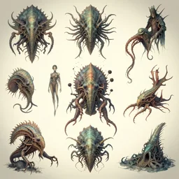 lovecraftian sea creature designs, Kim Jung Gi, Greg Rutkowski, Darek Zabrocki, Karlkka, Jayison Devadas, Phuoc Quan, trending on Artstation, 8K, ultra wide angle, pincushion lens effect