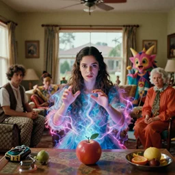 movie still by alejandro jodorowsky of a beautiful day in a family living room in a suburban neighborhood usa, visible magic energy, dream creature costumes, telekinesis fruit, gucci camping gear, magic parade float, cinestill 8 0 0 t eastmancolor technicolor, high quality, very detailed, heavy grain, fine facial features, 8 k, octane render h - 7 0 4