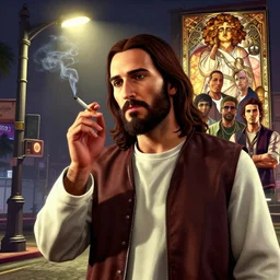 highly detailed vfx portrait of jesus smoking a cigarette, in the style of gta 5 art work cover, photorealistic airbrushed, under a street light, unreal engine, greg rutkowski, loish, rhads, beeple, makoto shinkai and lois van baarle, ilya kuvshinov, rossdraws, tom bagshaw, alphonse mucha, global illumination, detailed and intricate environment