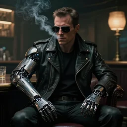 cyborg man wearing cyberpunk leather jacket. robotic arm intricate mechanical parts. Sitting in dimly lit bar smoking dark sunglasses. Still from Bladerunner 2049 (2017) film dull muted colors. style of Roger Deakins Jeremy Saulnier Newton Thomas Sigel Robert Elswit Greig Fraser trending rtx on ue4
