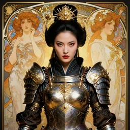 portrait of a beautiful cyberpunk samurai woman wearing a warrior armor, beautiful symmetrical face, fantasy, regal, by stanley artgerm lau, greg rutkowski, thomas kindkade, alphonse mucha, loish, norman rockwell.