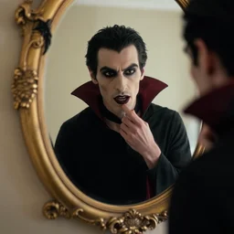 portrait of a vampire watching a mirror