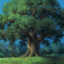 giant ash tree on landfield, blue backlight on trees, matte painting by pixar ghibli studio miyazaki ghibli
