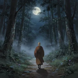 a lonely chinese monk walking in forest path at night. just one moon!! painting by studios ghibli, leonardo da vinci, takato yamamoto and makoto shinkai. ultra clear detailed. octane render. 8 k. grey blue, sharp focus, extremely coherent, medium long shot. fog, small spring