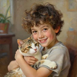 portrait of a kind happy young boy with curly hair, hugging a cat, art by loish, ross tran, ilya kuvnishov, highly detailed, painting, beautiful moment, radiant light, intricate brush strokes, global illumination, intricate and detailed environment.