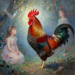 a gorgeous paradise rooster japanese art is looking at a bird, ethereal, horror, fantasy art by greg rutkowski and magali villeneuve and claude monet