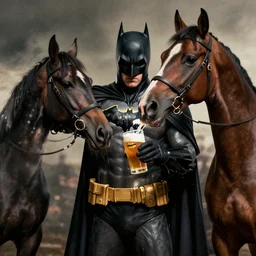 photo of batman pouring a pint for a horse aggressively