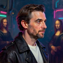 female mr bean profile shot, hyperrealistic, subject in center of frame, neonpunk, oil on wood portrait by kim jung gi and rembrandt and leonardo da vinci and jan van eyck, artstation, deviantart, rule of thirds