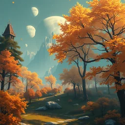 autumn on ganymede. highly detailed, digital painting, artstation, concept art, smooth, sharp focus, illustration, unreal engine 5, 8 k, art by bilibin and kuvshinov and malevich
