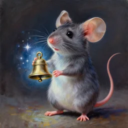 an extremely well painted and super detailed oil painting of a cutest mouse standing on two feet with a round bell infused with magic of the stars in its hands, professional painting by beeple, dynamic lighting, trending on artstation