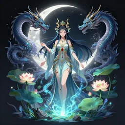 selemene, moon goddess, studio mir, lotus plants, dragons, elemental, magic, fantasy, anime. the book dota. concept art, fantasy art, manga, elves, 1 6 k resolution, dof, trending on cgsociety.